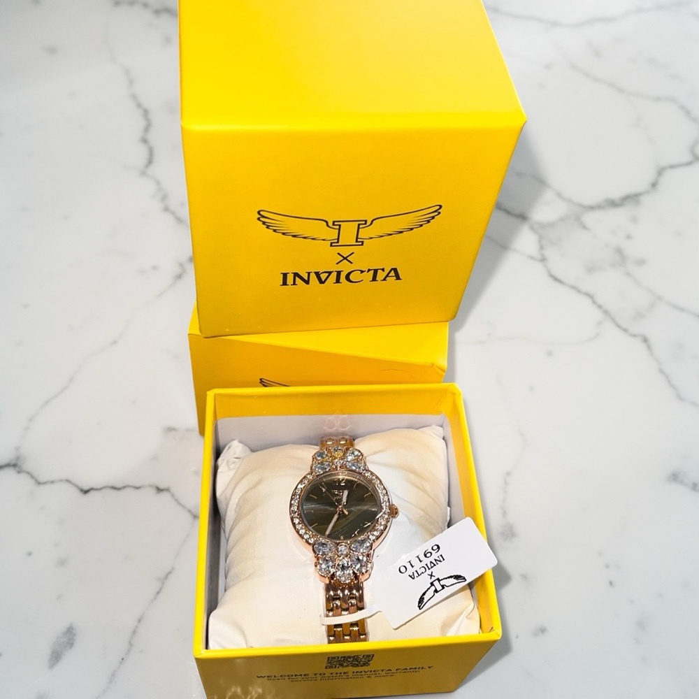 NWT Invicta Rose Gold Women's Crystal Accent Watch with Black Dial